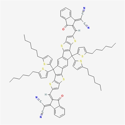 ITIC-Th;11,23-Bis[1-(dicyanomethylene)-3-oxoindan-2-ylidenemethyl]-7,7,19,19-tetrakis(5-hexyl-2-thienyl)-2,10,14,22-tetrathiaheptacyclo[19.3.0.03,20.04,18.06,16.08,15.09,13]tetracosane-1(21),3(20),4(18),5,8(15),9(13),11,16,23-nonaene