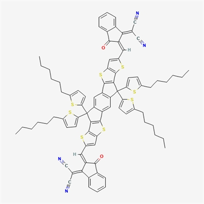 ITIC-Th;11,23-Bis[1-(dicyanomethylene)-3-oxoindan-2-ylidenemethyl]-7,7,19,19-tetrakis(5-hexyl-2-thienyl)-2,10,14,22-tetrathiaheptacyclo[19.3.0.03,20.04,18.06,16.08,15.09,13]tetracosane-1(21),3(20),4(18),5,8(15),9(13),11,16,23-nonaene